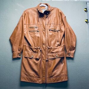VTG TOGETHER! women leather parka genuine tan multi pocket zip jacket size S